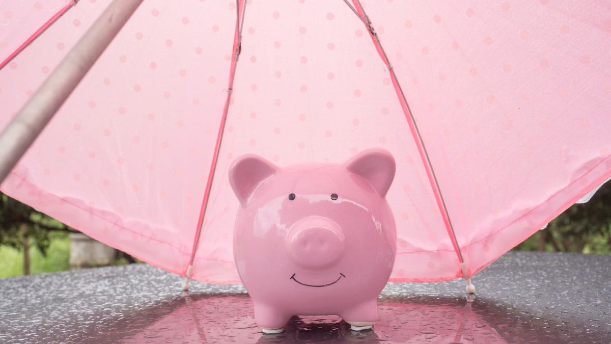 Pink Piggy bank with umbrella On a rainy day Saving money