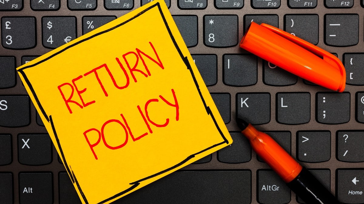 Remove BG Save Share Sample Writing note showing Return Policy. Business photo showcasing Tax