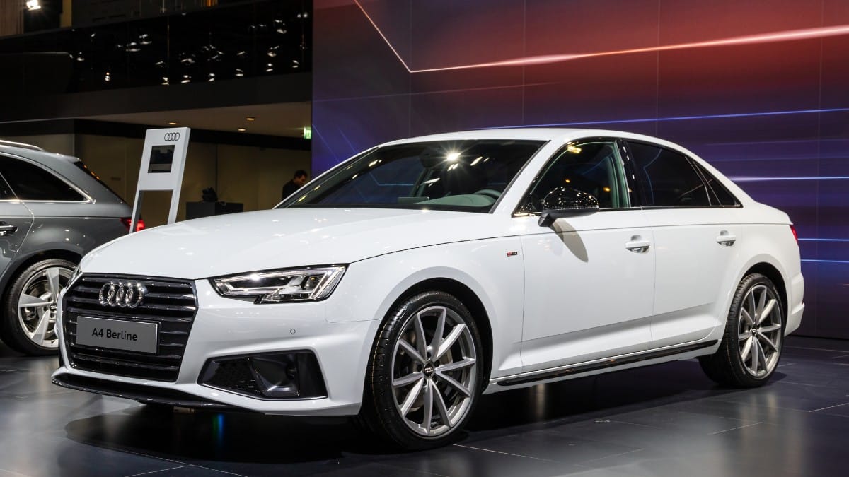 Audi A4 Berline car showcased at the Brussels Autosalon Motor Show.
