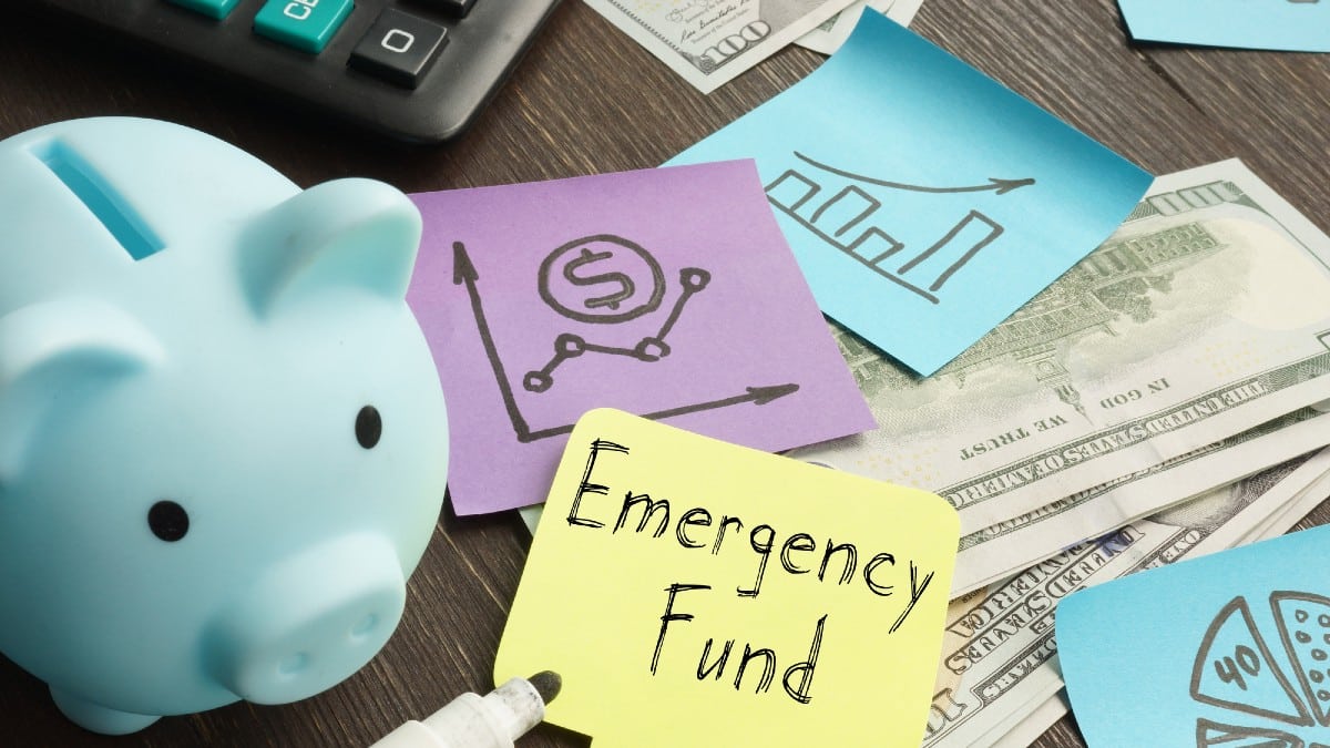 Emergency fund is shown on the photo using the text and piggy bank