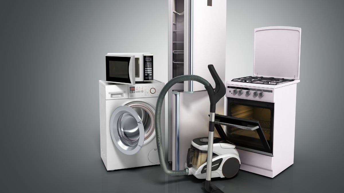 Home appliances Group of white refrigerator washing machine