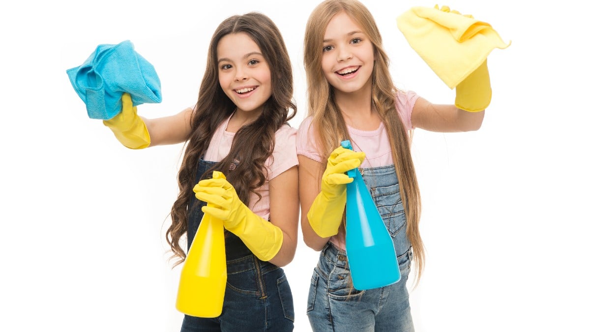 Household duties. Little helper. Girls cute kids love cleaning around.