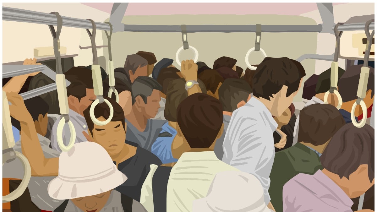 Illustration of crowded commuter train in color