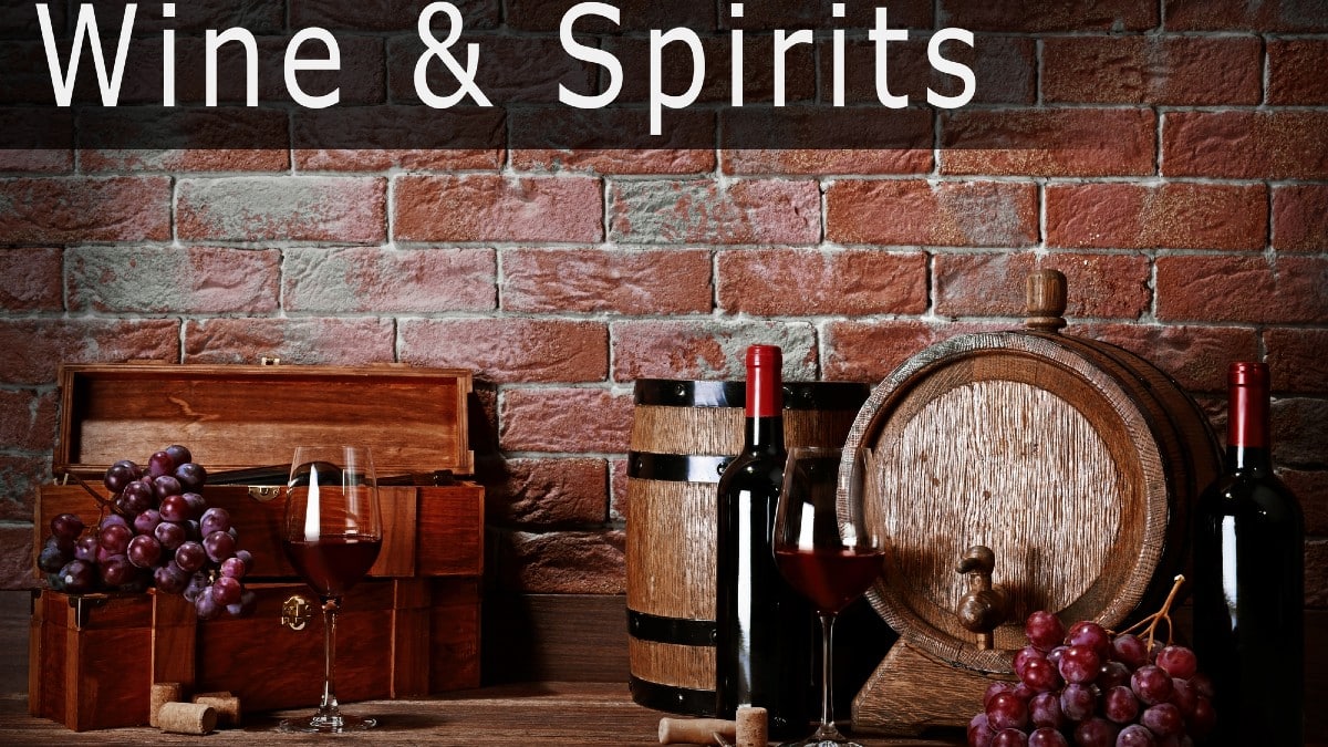 Text WINE AND SPIRITS on background.
