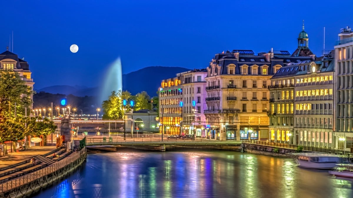 Urban view with famous fountain Geneva, Switzerland