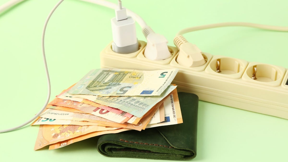 Wallet with money, plugs and power socket on green background.