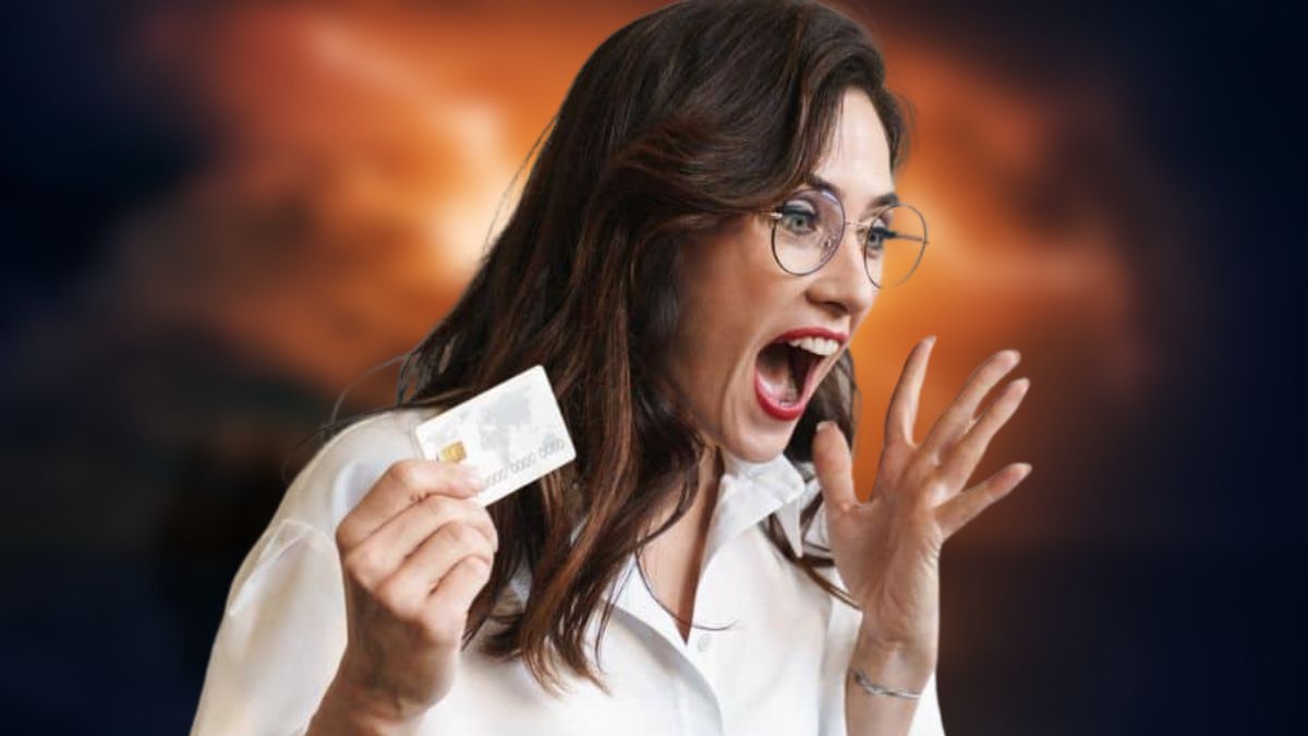 woman screaming with credit card